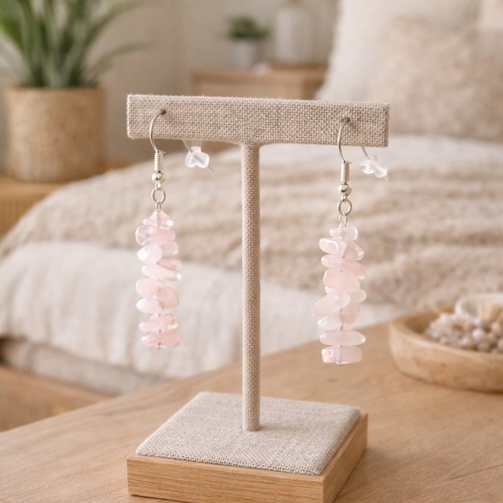 Rose Quartz Earrings Handmade - New Item (1.5")